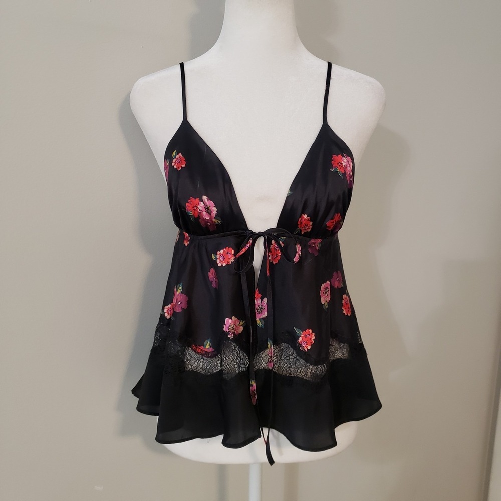 Victorias Secret Y2K Floral Babydoll Top SZ M Whimsigoth Dark Coquette Front Tie